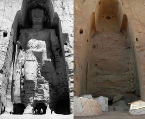 The taller Buddha of Bamiyan -- before and after destruction by the Taliban