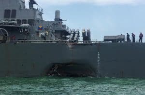 The U.S. Navy guided-missile destroyer USS John S. McCain is seen after a collision, in Singapore waters August 21, 2017.