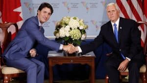 Vice President Pence with Canada's Prime Minister Justin Trudeau after meeting at the Summit of the Americas in Lima, Peru, Saturday, April 14, 2018.