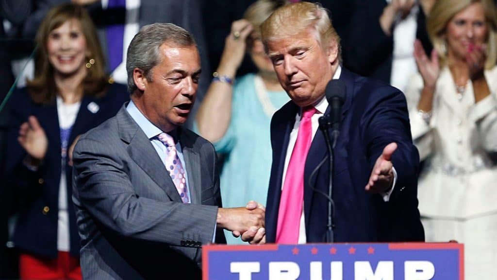 Brexit leader Nigel Farage campaigning in 2016 with presidential candidate Donald Trump