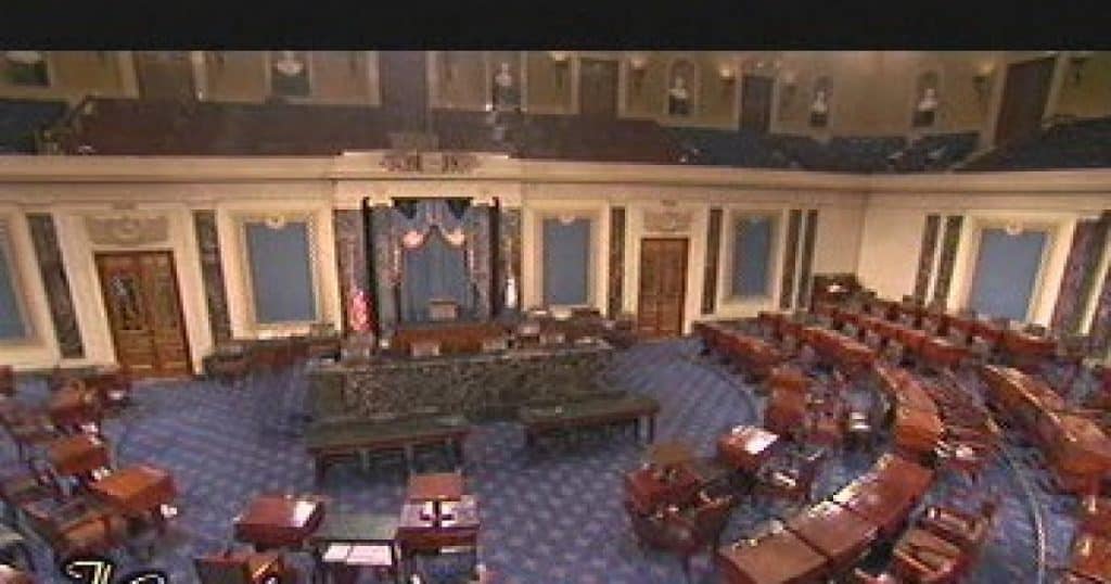 The empty Senate chamber symbolizes the minor role that Congress has allowed itself to be reduced to in trade matters and other congressional responsibilities.