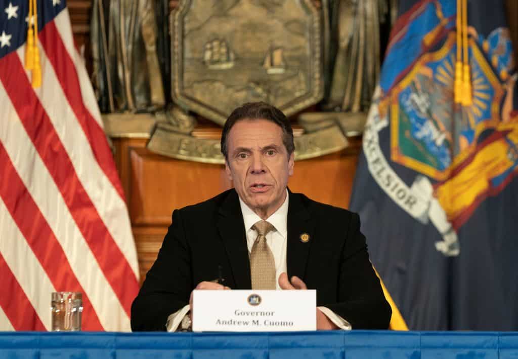 Albany, NY (April 22, 2020): Governor Cuomo holds a briefing on COVID-19 policy. He is enforcing a restrictive policy statewide. Although one size doesn't fit all, he is for now ignoring the great difference between the greater NY metropolitan area and upstate.