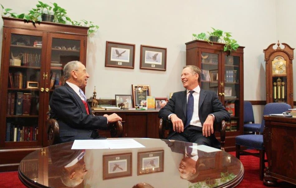 US Trade Representative Robert Lighthizer, on the right, chatting with Senator Chuck Grassley (R-IA) in this 2017 photo. Lighthizer surprised the financial world last week by calling for a US industrial policy.