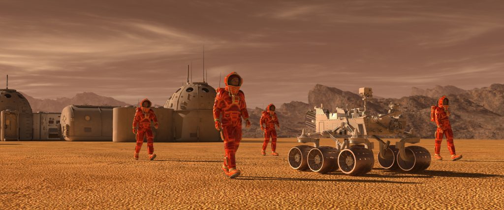 Artist's conception of colonists on Mars. An accelerated US program to reach Mars and lay the groundwork for colonization is one plank in a program of innovation and deve