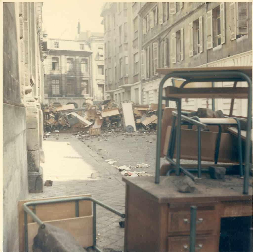 A barricade thrown up in a Bordeaux, France street in May 1968 by the local student bed-wetting population.