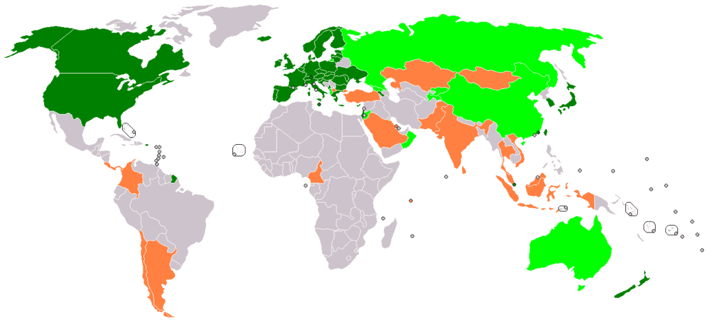 Nations who are members of the Government Procurement Agreement administered by the WTO are colored dark green, those negotiating to enter the GPA are light green, and observers are orange. (map credit: Wikipedia Commons)