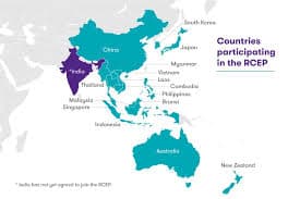 Member countries of RCEP, are shown in green, with India (a possible future member) in purple