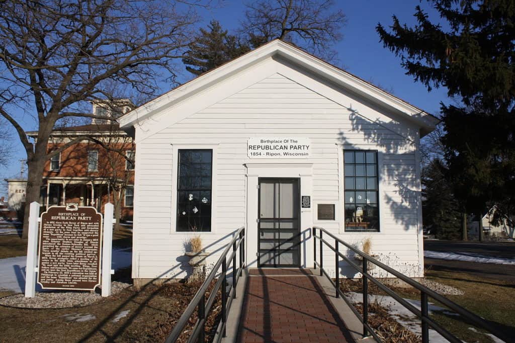 The Little White Schoolhouse in Ripon, Wisconsin: birthplace of the Republican Party. Democrats are hoping the Republicans will self-destruct in the wake of former President Trump's sabotage of the Georgia runoff election on January 5th, which caused his own party to lose the Senate. Republicans were thrown into further turmoil by Trump's role in encouraging the assault of the Capitol by a mob of his supporters.