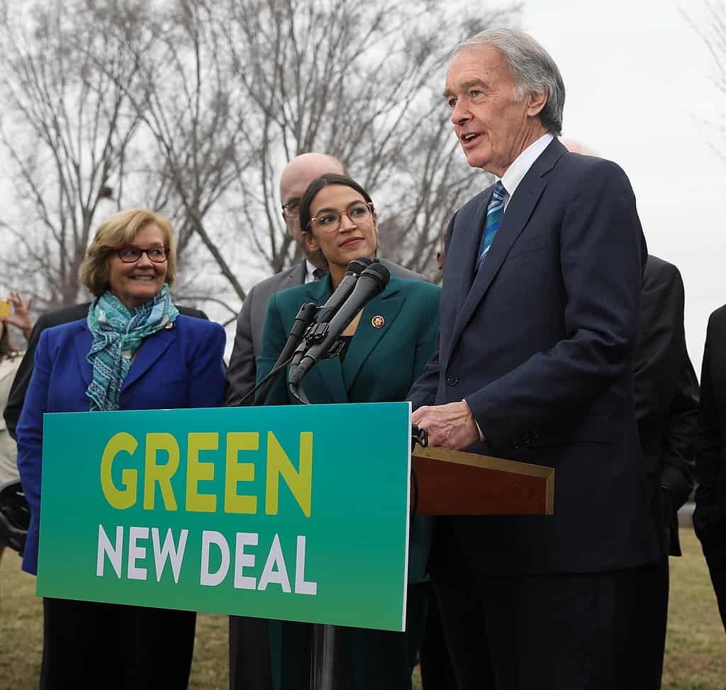 Senator Ed Markey (D-MA) and Congresswoman Alexandria Ocasio-Cortez (D-NY) in 2018. Markey is the Senate author of the Green New Deal, the inspiration behind the Biden administration's present green climate initiatives.