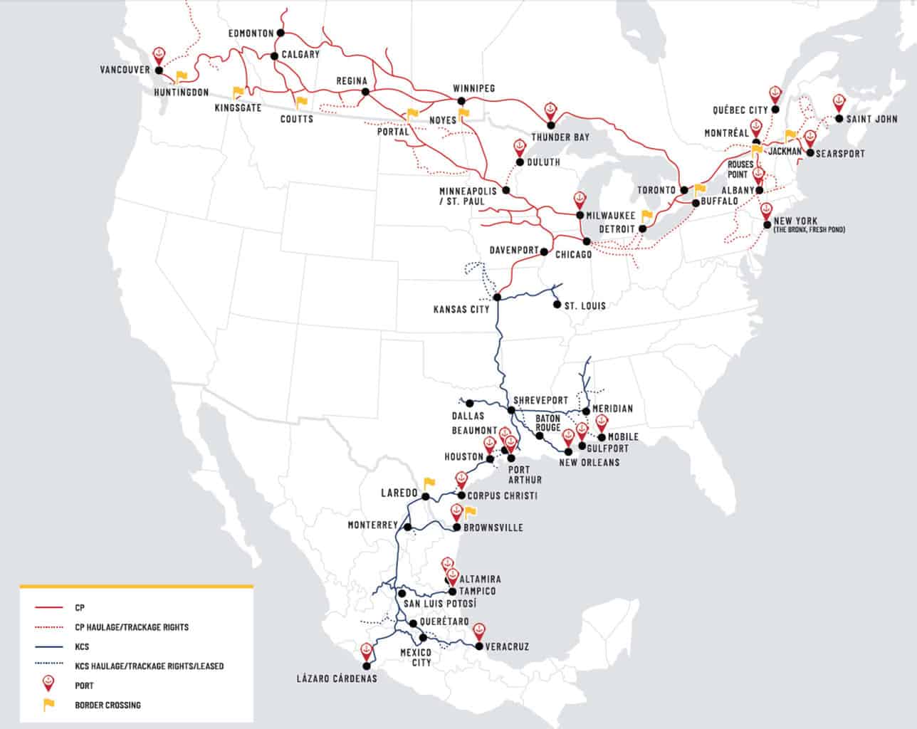 The map above shows the cities and ports in Canada, the US, and Mexico that will be served by the Canadian Pacific - Kansas City Southern rail merger. The combined network will join inland farmers and manufacturers in three nations to four important bodies of water: Pacific, Atlantic, Gulf Coast, and the Great Lakes / St. Lawrence Seaway.