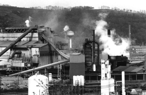 Basic Oxygen Process and Ladle Metallurgy Facility of the Edgar Thomson works of US Steel, as of the mid-1990, viewed from across the Monongahela River near Pittsburgh. It is one of the oldest steel mills in the world, a child (or better, given its age, a dgreat-grandchild) of protectionism.