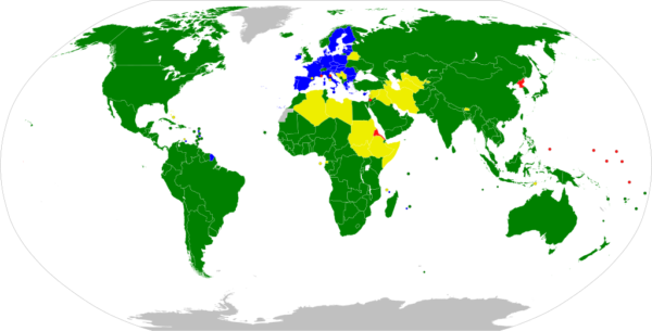 Map of the World Trade Organization: members (green), countries represented both nationally and by the EU (blue), observers (yellow), and non-members (red).