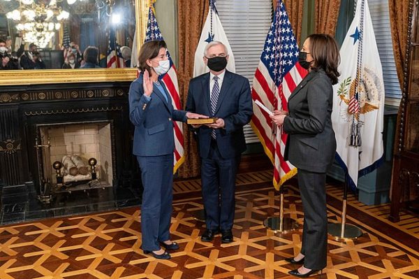Vice President Kamala Harris swears in Gina Raimondo as Secretary of Commerce on Wednesday, March 3, 2021. Mrs. Raimondo has come under pressure for pro-Chinese trade policies and a conflict of interest with respect to her husband's employment by a Silicon Valley firm with Chinese investment capital.
