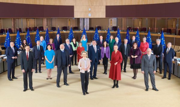 The EU Commission is composed of the College of Commissioners from 27 EU countries. Together, the 27 members of the College are the Commission's political leadership during a 5-year term. They are assigned responsibility for specific policy areas by the president. Ursula von der Leyen (front, center, slightly forward) is the current president.