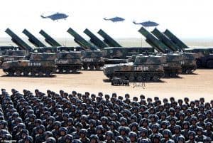 Chinese troops, missile launchers, and helicopters