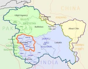 The Kashmir Valley (small area within pink circle) is 95% Muslim and opposed to its Indian rulers.